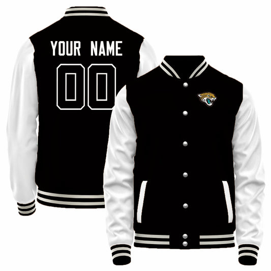 Custom J.Jaguars Black-White Bomber Full-Snap Varsity Letterman Jacket
