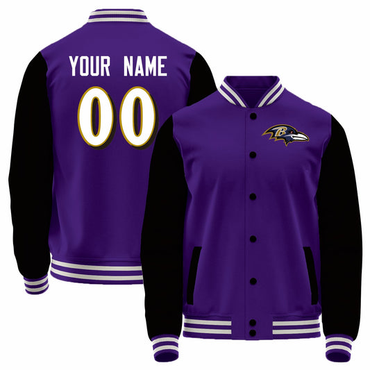 Custom B.Ravens Purple-Black Bomber Full-Snap Varsity Letterman Jacket