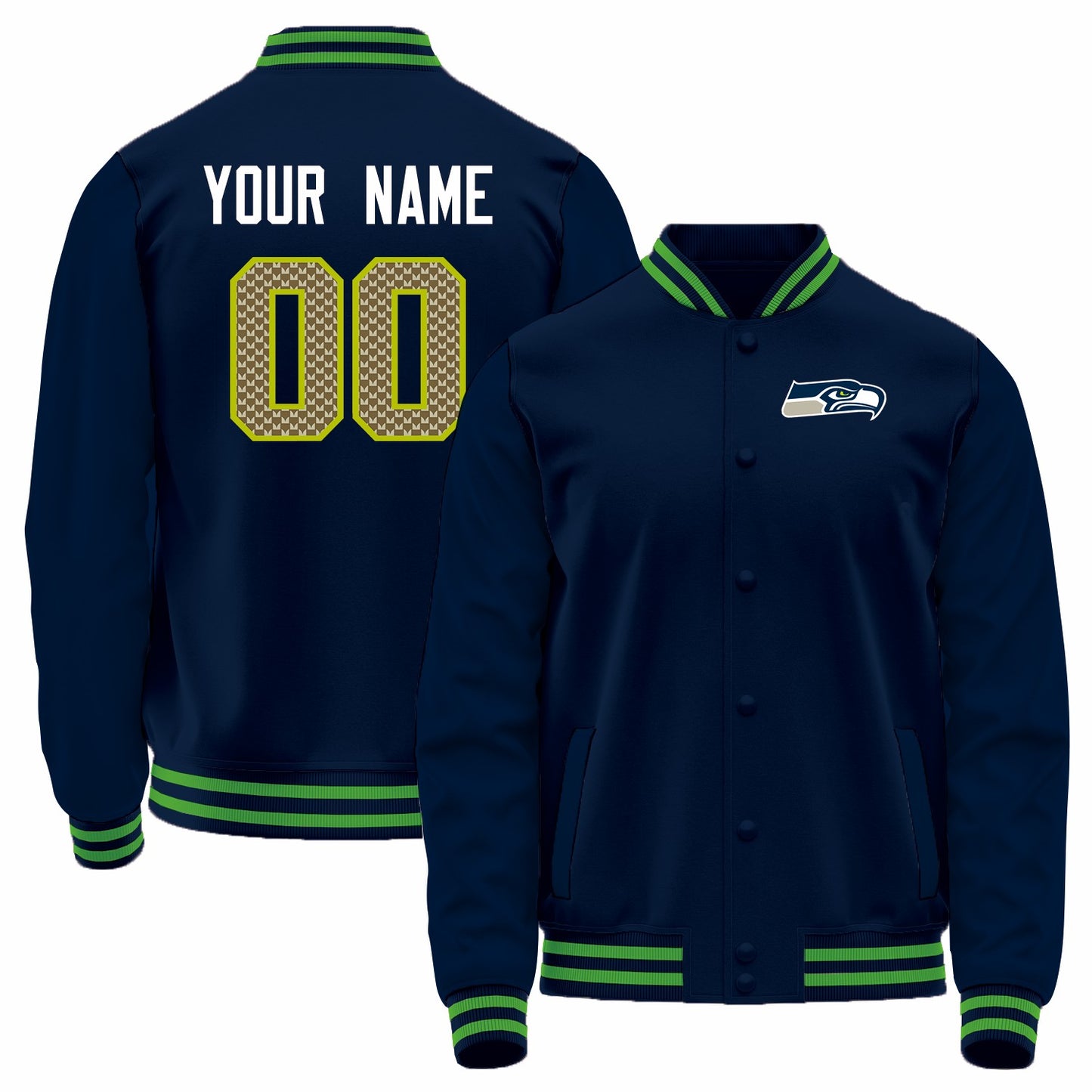 Custom S.Seahawks Navy Bomber Full-Snap Varsity Letterman Jacket