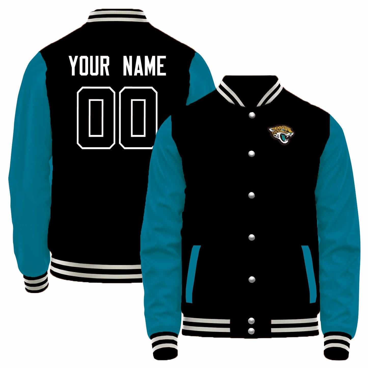 Custom J.Jaguars Black-Teal Bomber Full-Snap Varsity Letterman Jacket