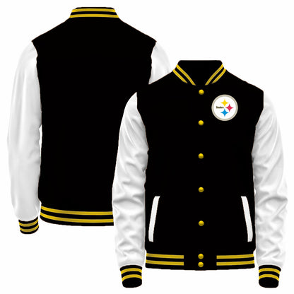 Custom P.Steelers Black-White Bomber Full-Snap Varsity Letterman Jacket