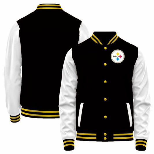 Custom P.Steelers Black-White Bomber Full-Snap Varsity Letterman Jacket