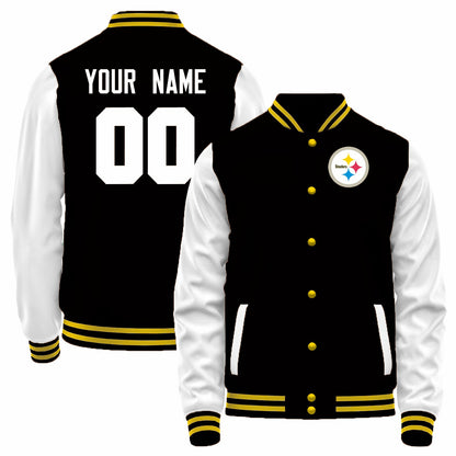 Custom P.Steelers Black-White Bomber Full-Snap Varsity Letterman Jacket