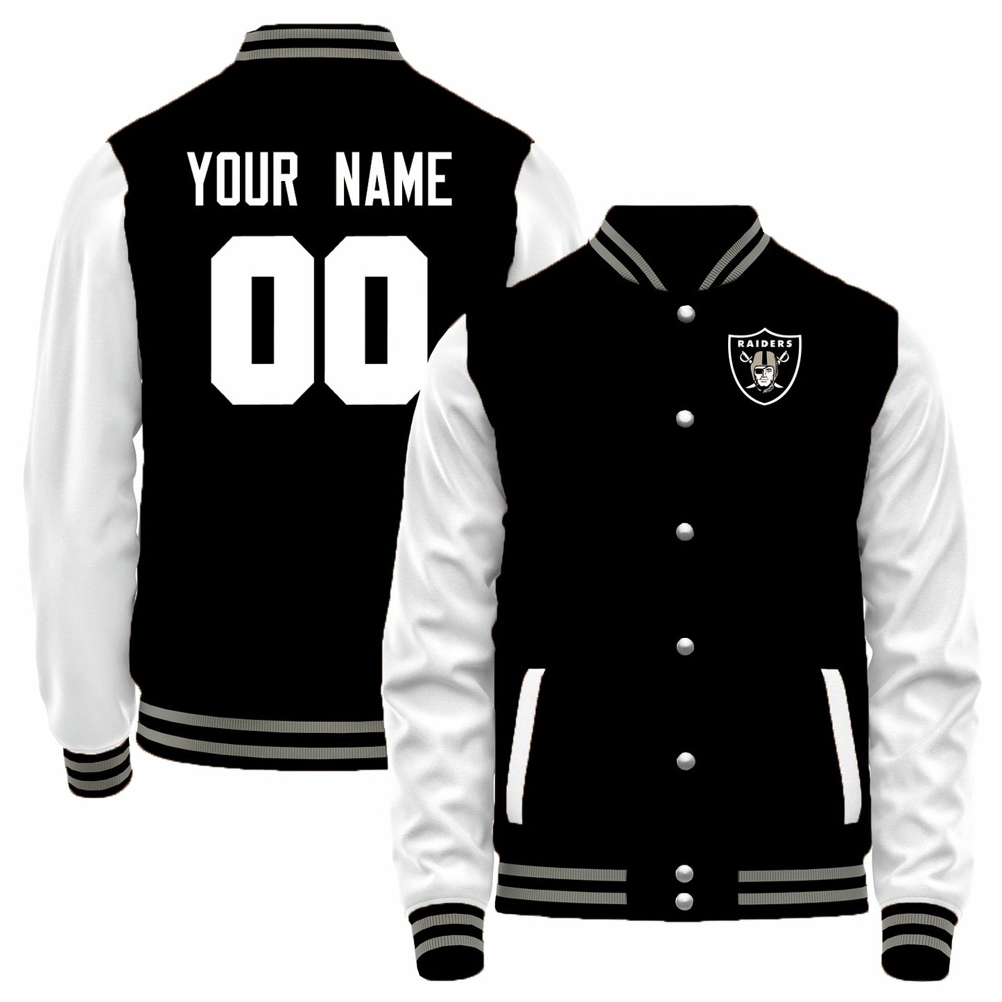 Custom LV.Raiders Black-White Bomber Full-Snap Varsity Letterman Jacket