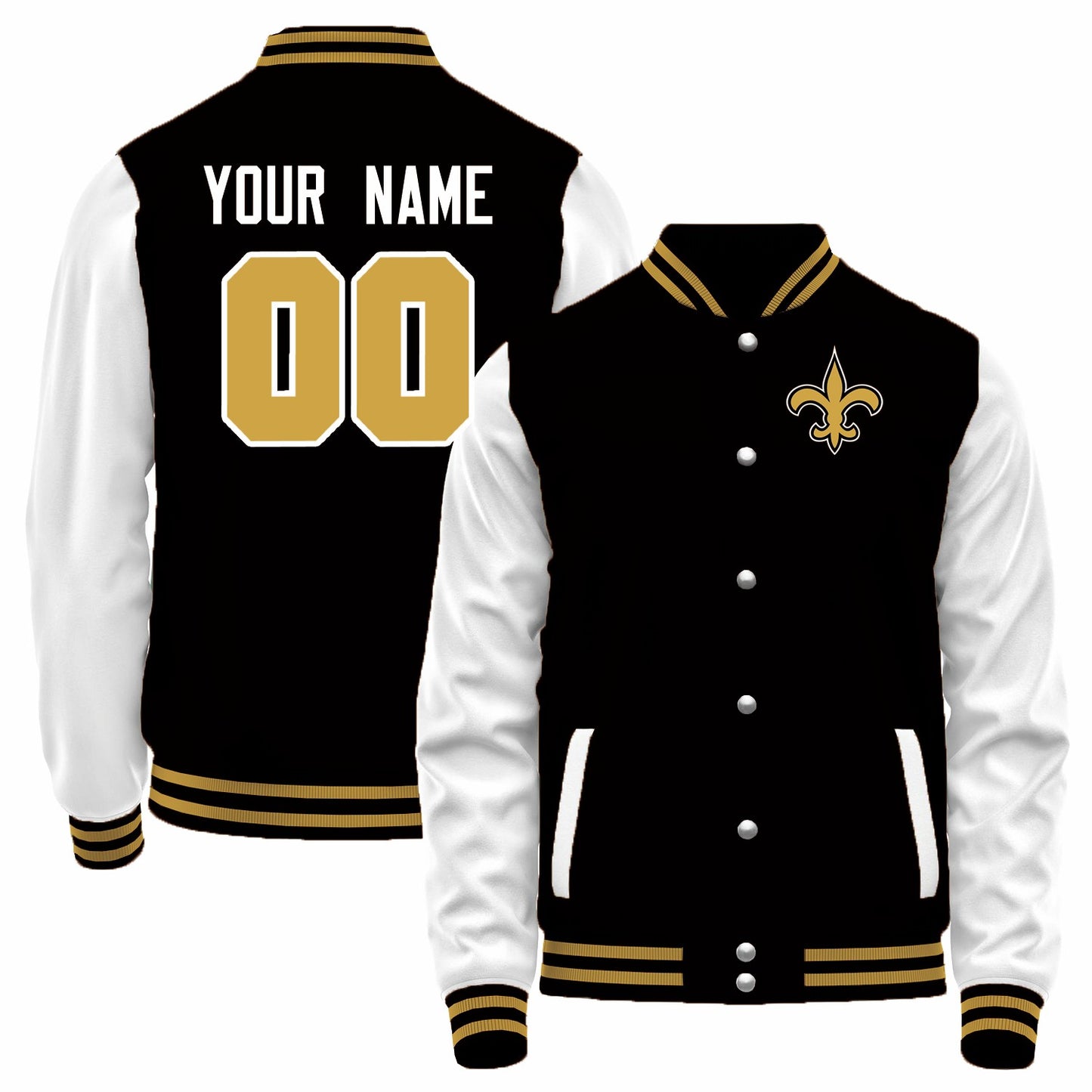 Custom NO.Saints Black-White Bomber Full-Snap Varsity Letterman Jacket
