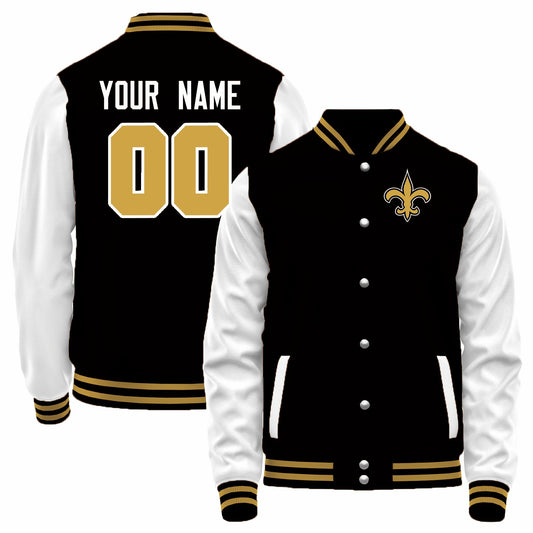 Custom NO.Saints Black-White Bomber Full-Snap Varsity Letterman Jacket