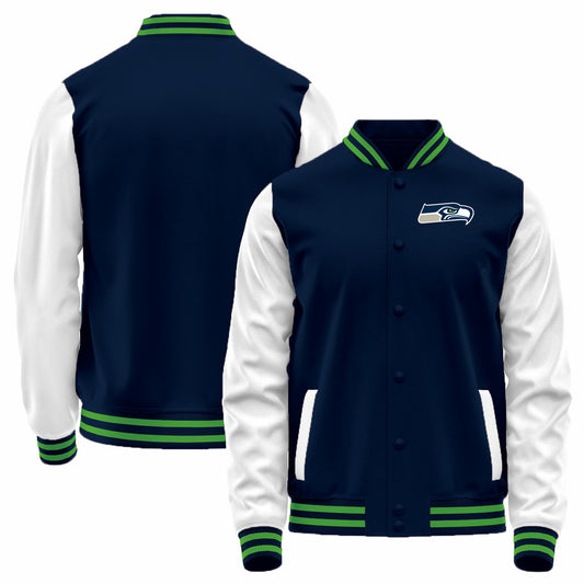 Custom S.Seahawks Navy-White Bomber Full-Snap Varsity Letterman Jacket