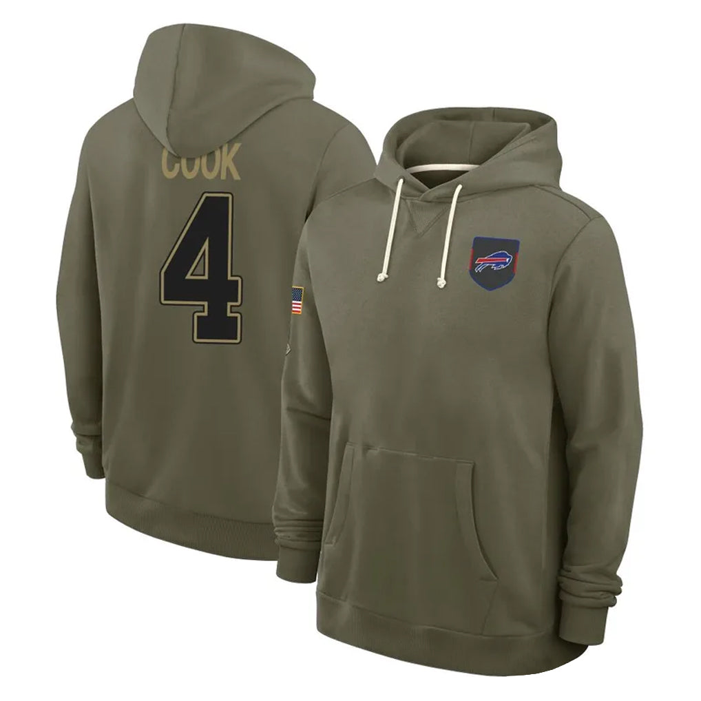 B.Bills #4 James Cook III Player Salute to Service Olive Hoodies Football Jerseys