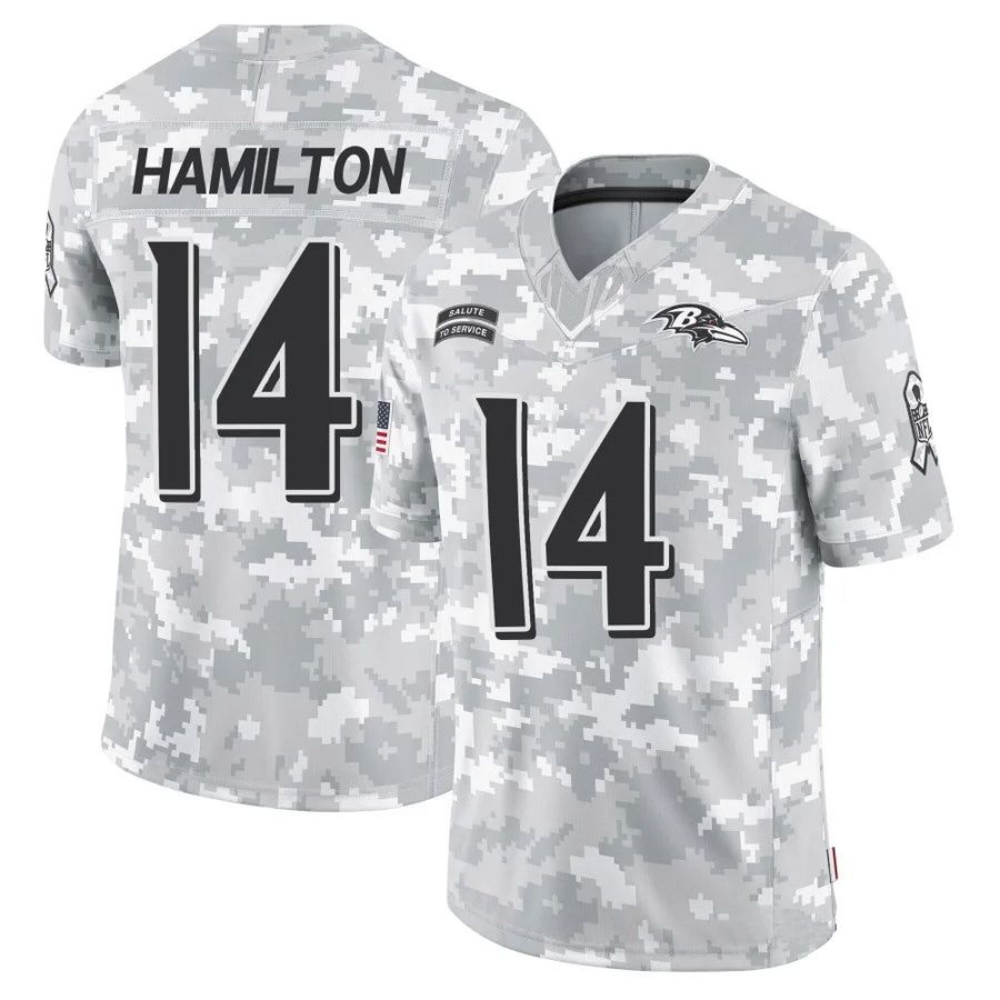 B.Ravens #14 Kyle Hamilton Player Arctic Camo Salute to Service Limited Football Jerseys