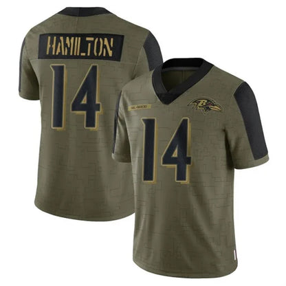 B.Ravens #14 Kyle Hamilton Player Limited Salute To Service Olive Football Jerseys