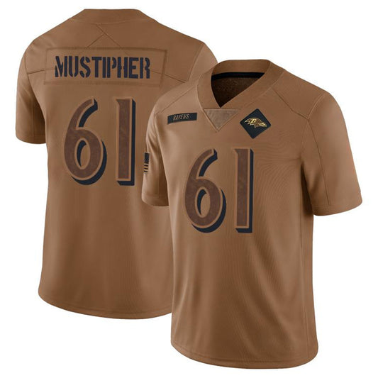 B.Ravens #61 Sam Mustipher Player Brown Salute To Service Limited Football Jerseys