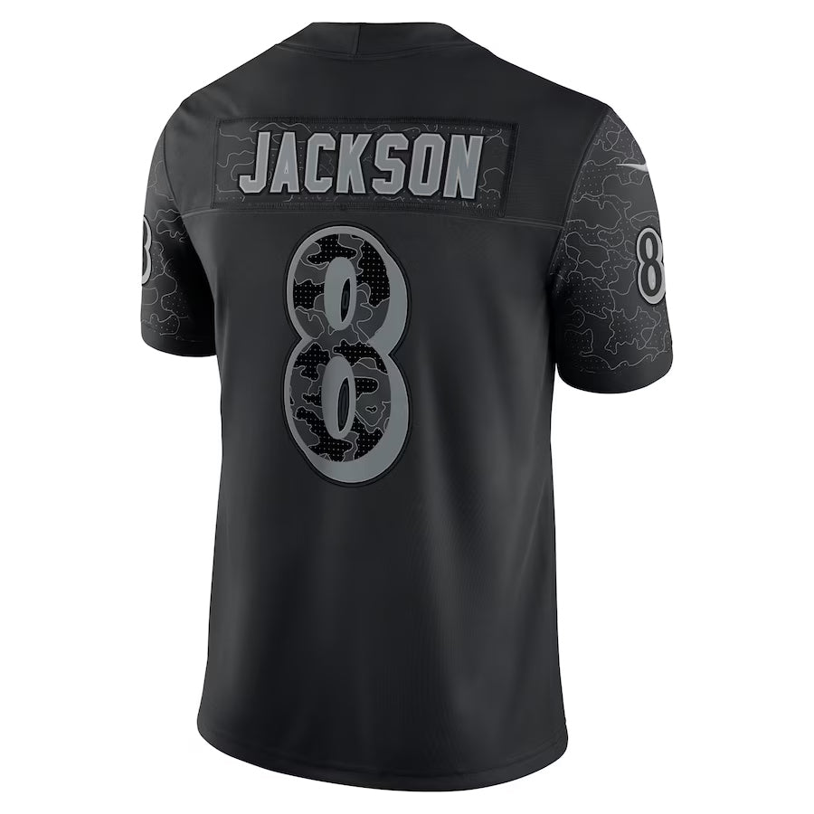 B.Ravens #8 Lamar Jackson Player Black REFLECTIVE Limited Football Jerseys