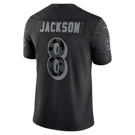 B.Ravens #8 Lamar Jackson Player Black REFLECTIVE Limited Football Jerseys