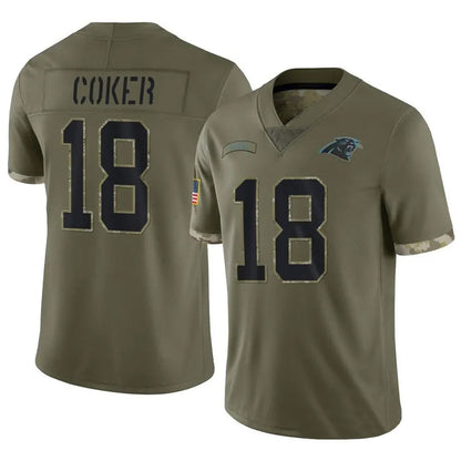 C.Panthers #18 Jalen Coker Player Salute To Service Olive Football Jerseys