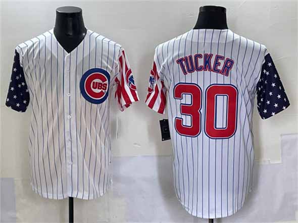 Chicago Cubs #30 Kyle Tucker White Pinstripe 2025 Independence Day Vapor Premier Limited Stitched Baseball Jersey