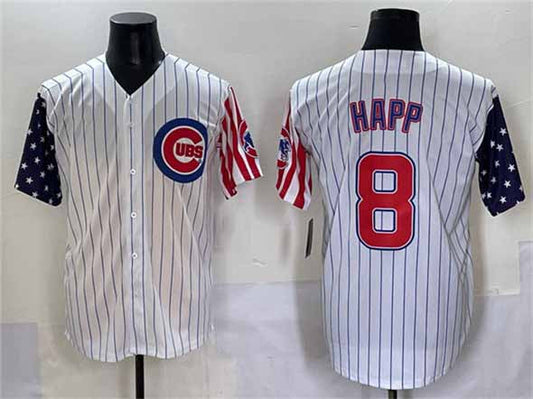 Chicago Cubs #8 Ian Happ White Pinstripe 2025 Independence Day Vapor Premier Limited Stitched Baseball Jersey