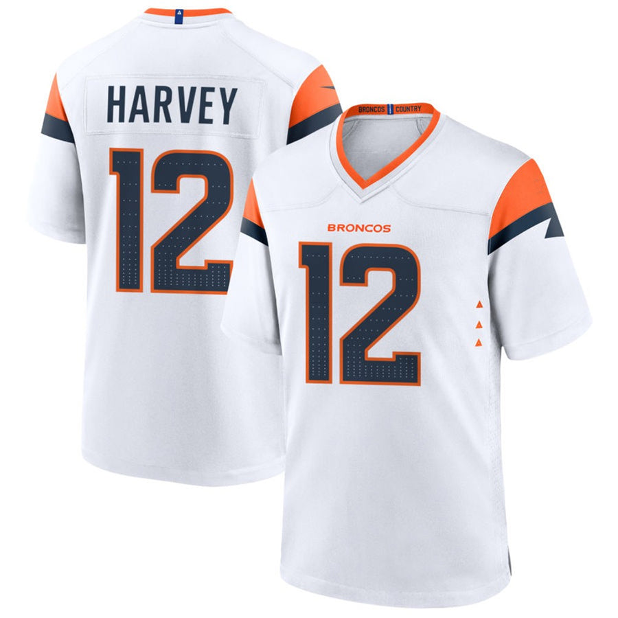 D.Broncos #12 RJ Harvey Player White Home Game Football Jerseys