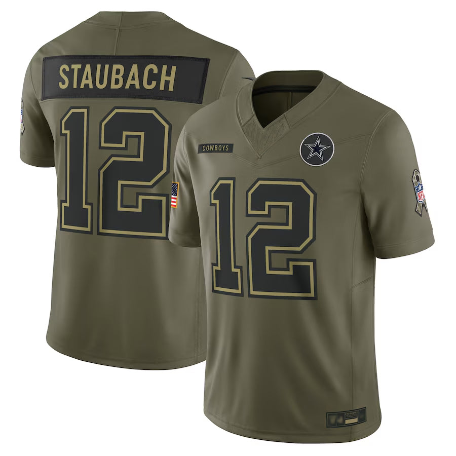 D.Cowboys #12 Roger Staubach Player Olive Salute to Service Retired Limited Football Jerseys