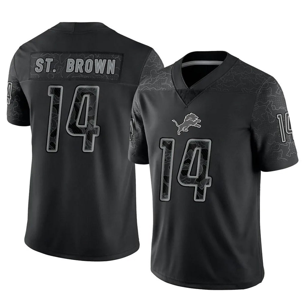 D.Lions #14 Amon-Ra St. Brown Player Black REFLECTIVE Limited Football Jerseys
