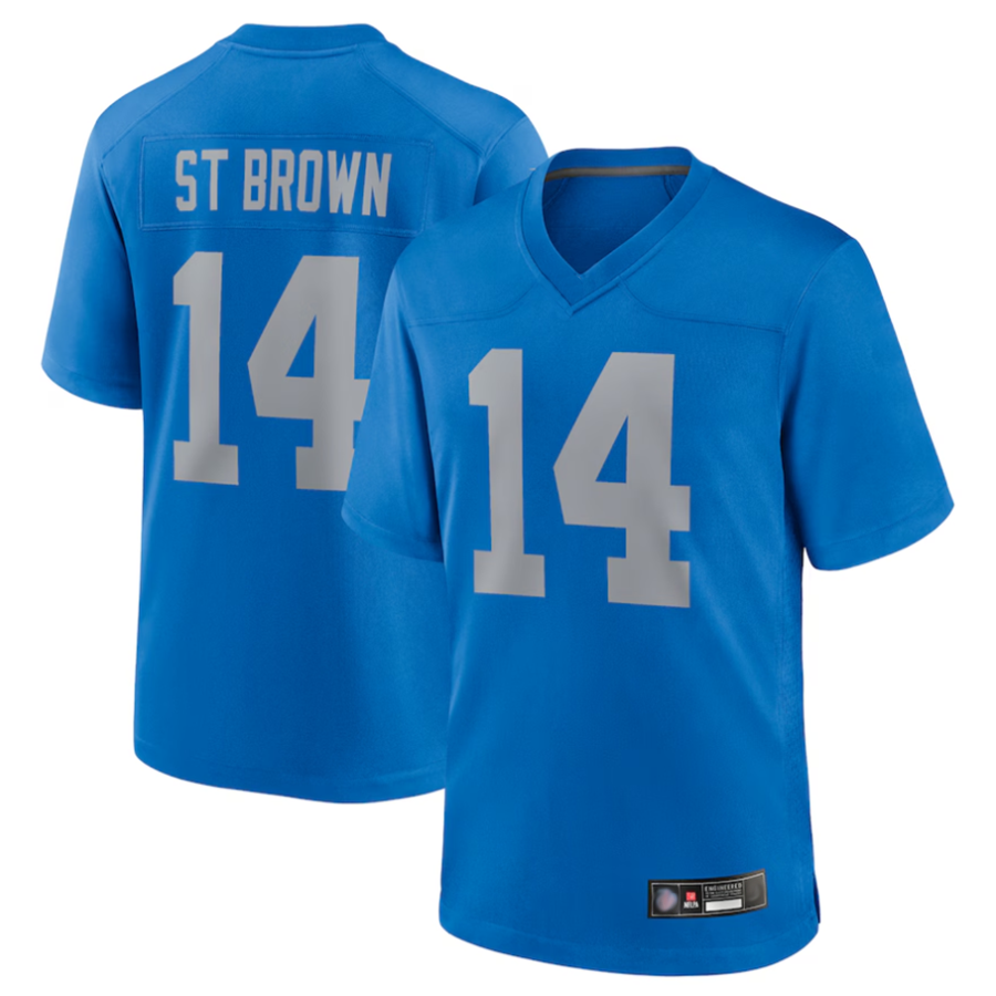 D.Lions #14 Amon-Ra St. Brown Player Blue Replica Game Football Jerseys