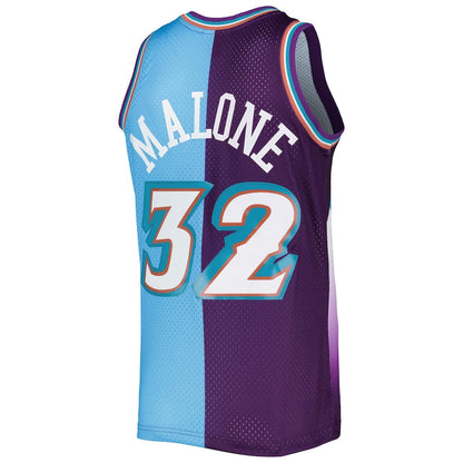 U.Jazz #32 Karl Malone Mitchell & Ness Hardwood Classics 1996-97 Split Swingman Jersey PurpleTurquoise Stitched American Basketball Jersey