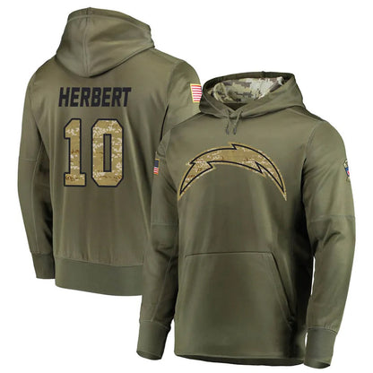 LA.Chargers #10 Justin Herbert Player Salute to Service  Olive Hoodies Game Football Jerseys
