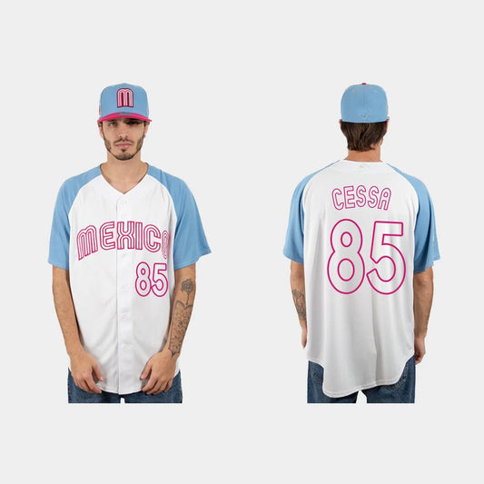 #85 LUIS CESSA MEXICO BASEBALL 2023 WORLD BASEBALL CLASSIC JERSEY ¨C WHITE BLUE Stitches Baseball Jerseys