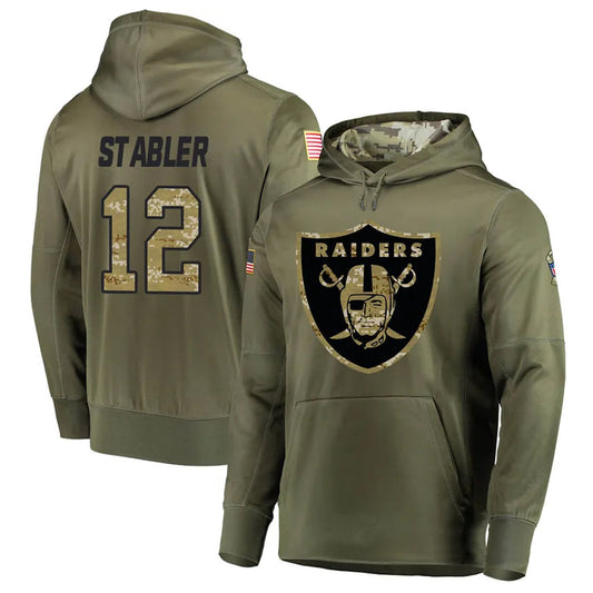 LV.Raiders #12 Ken Stabler Player Salute to Service Olive Hoodies Football Jerseys