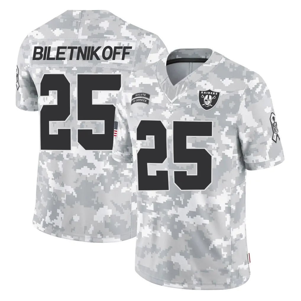 LV.Raiders #25 Fred Biletnikoff Player Arctic Camo Salute to Service Limited Football Jerseys