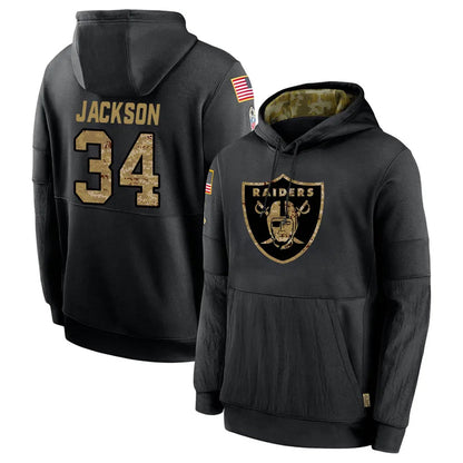 LV.Raiders #34 Bo Jackson Player Salute to Service Black Hoodies Football Jerseys