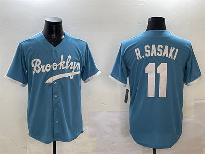 Los Angeles Dodgers #11 Roki Sasaki Blue Throwback Stitched Baseball Jersey