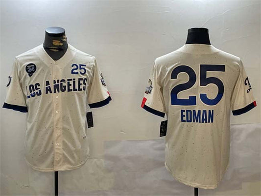 Los Angeles Dodgers #25 Tommy Edman Cream 2024 World Series With Fernando Memorial Patch City Connect Limited Stitched Baseball Jersey