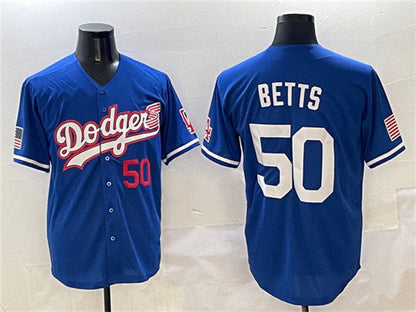 Los Angeles Dodgers #50 Mookie Betts Royal With American Flag Patch Limited Stitched Baseball Jersey