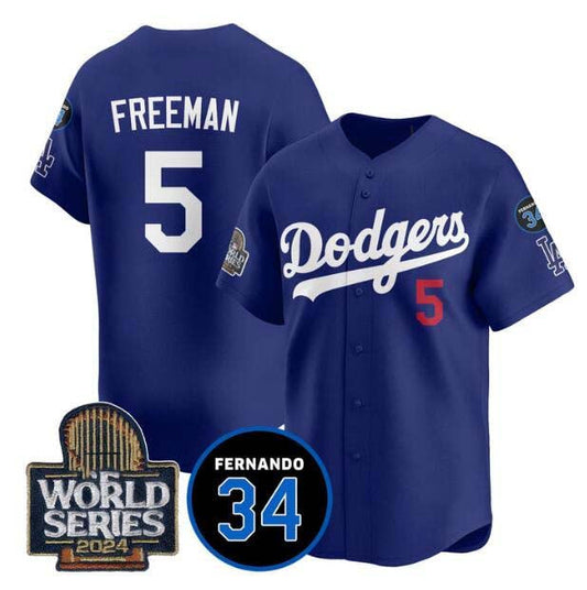 Los Angeles Dodgers #5 Freddie Freeman Royal 2024 World Series With Fernando Memorial Patch Limited Stitched Baseball Jersey