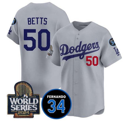 Los Angeles Dodgers #50 Mookie Betts Grey 2024 World Series With Fernando Memorial Patch Limited Stitched Baseball Jersey