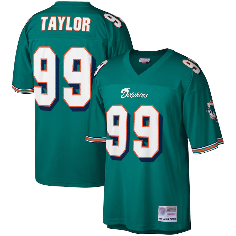 M.Dolphins #99 Jason Taylor Player Mitchell & Ness Aqua Big & Tall 2006 Retired Replica Football Jerseys