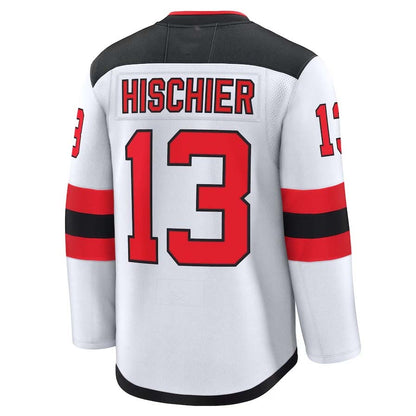 NJ.Devils #13 Nico Hischier Fanatics Away Premium Jersey - White Stitched American Hockey Jerseys