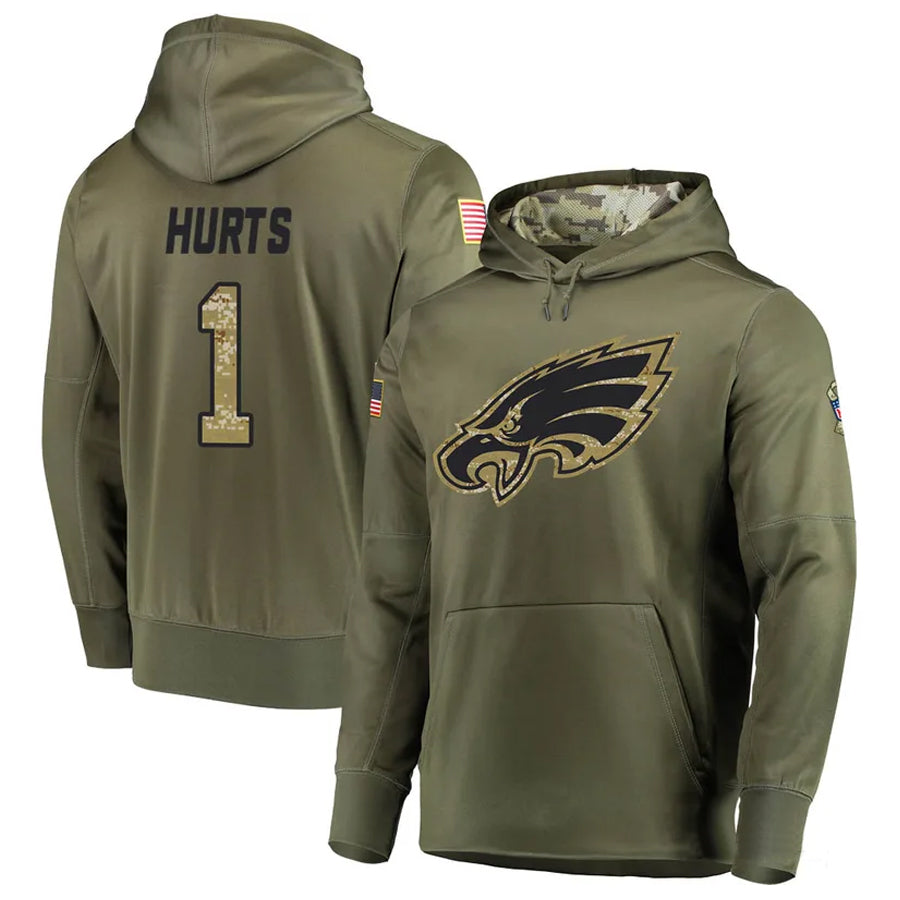 P.Eagles #1 Jalen Hurts Player Military Hoodie Salute To Service Olive Football Jerseys