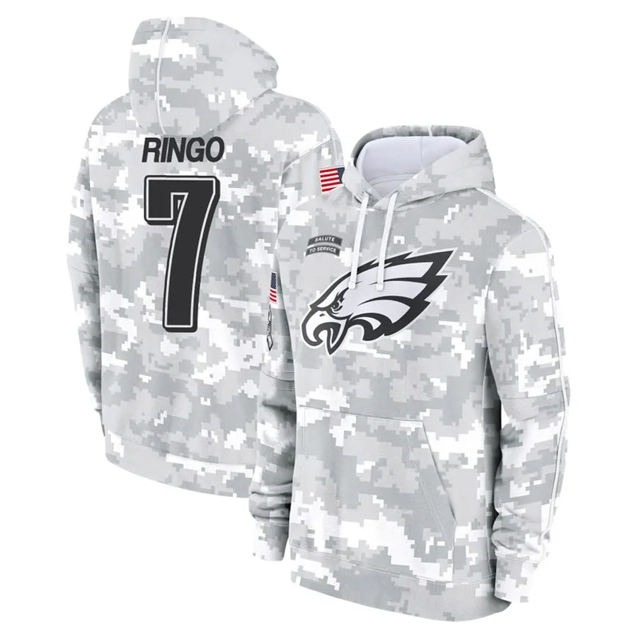 P.Eagles #7 Kelee Ringo Player Military Hoodie Arctic Camo Salute To Service Football Jerseys