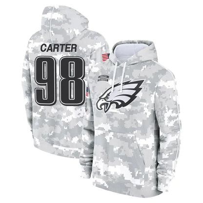 P.Eagles #98 Jalen Carter Player Military Hoodie Arctic Camo Salute To Service Football Jerseys