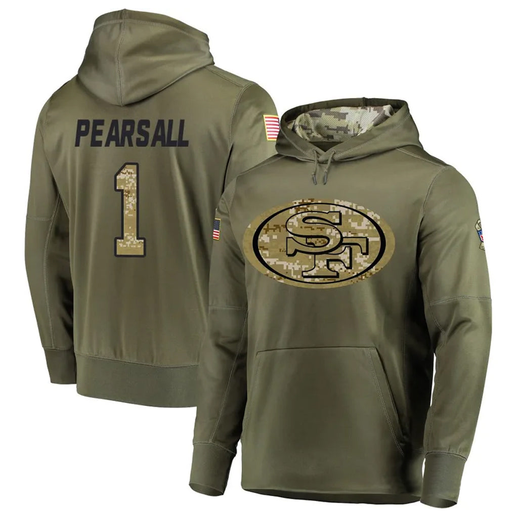 SF.49ers #1 Ricky Pearsall Player Salute To Service Olive Hoodie Player Football Jerseys