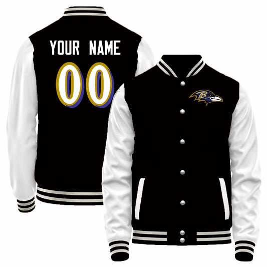 Custom B.Ravens Black-White Bomber Full-Snap Varsity Letterman Jacket