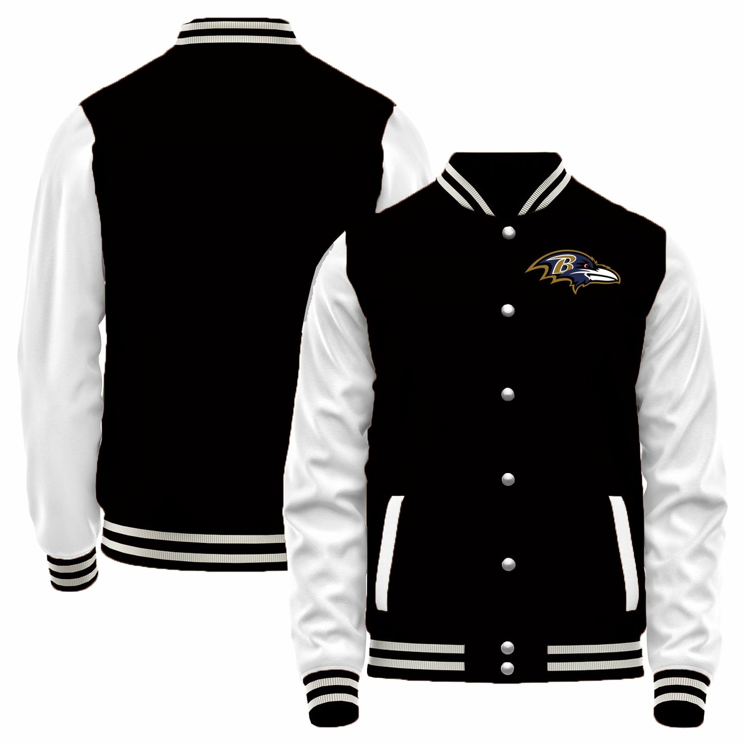 Custom B.Ravens Black-White Bomber Full-Snap Varsity Letterman Jacket