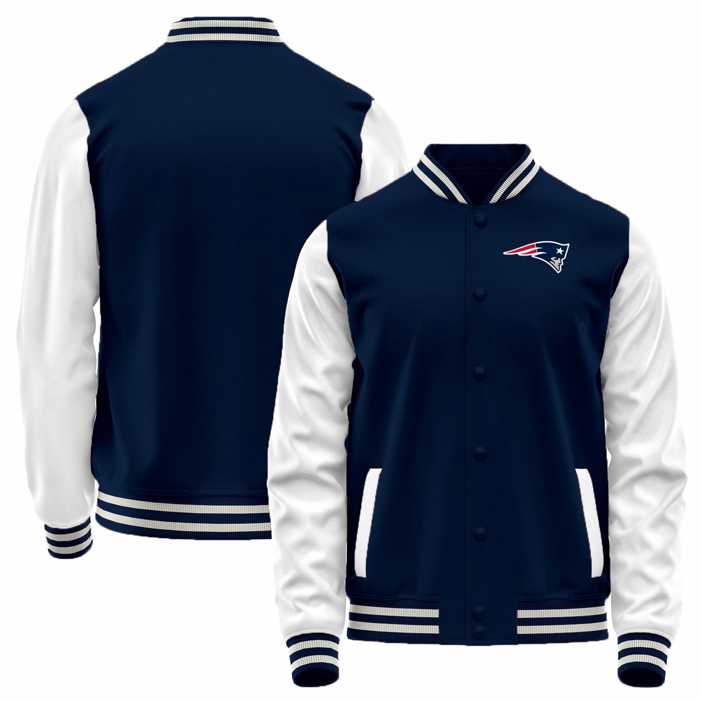 Custom NE.Patriots Navy-White Bomber Full-Snap Varsity Letterman Jacket